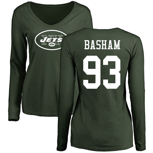 New York Jets Green Women Tarell Basham Name and Number Logo NFL Football #93 Long Sleeve T Shirt->women nfl jersey->Women Jersey